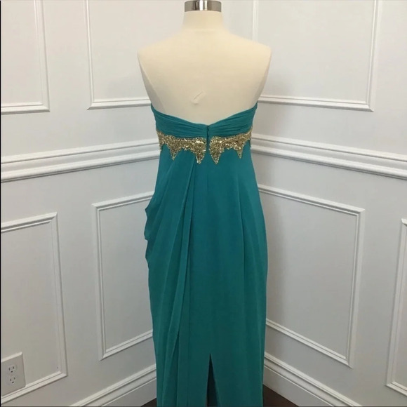 Marchesa Teal Strapless pleated and draped silk Dress with Gold beaded accent. - Picture 3 of 13